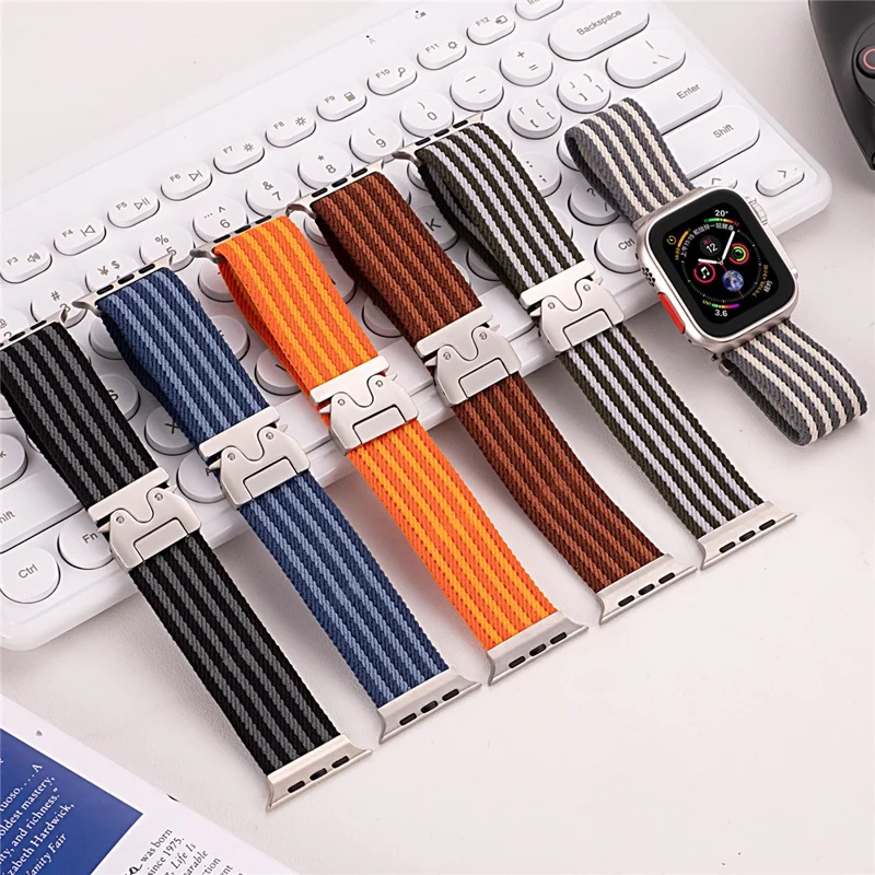 Watch Band for Apple Watch Ultra 3 2 1 49mm / Series 11 10 46mm / 9 8 7 45mm / SE3 SE2 SE 6 5 4 44mm / 3 2 1 42mm 4-Stripe Parachute Buckle Nylon Strap - Green+White