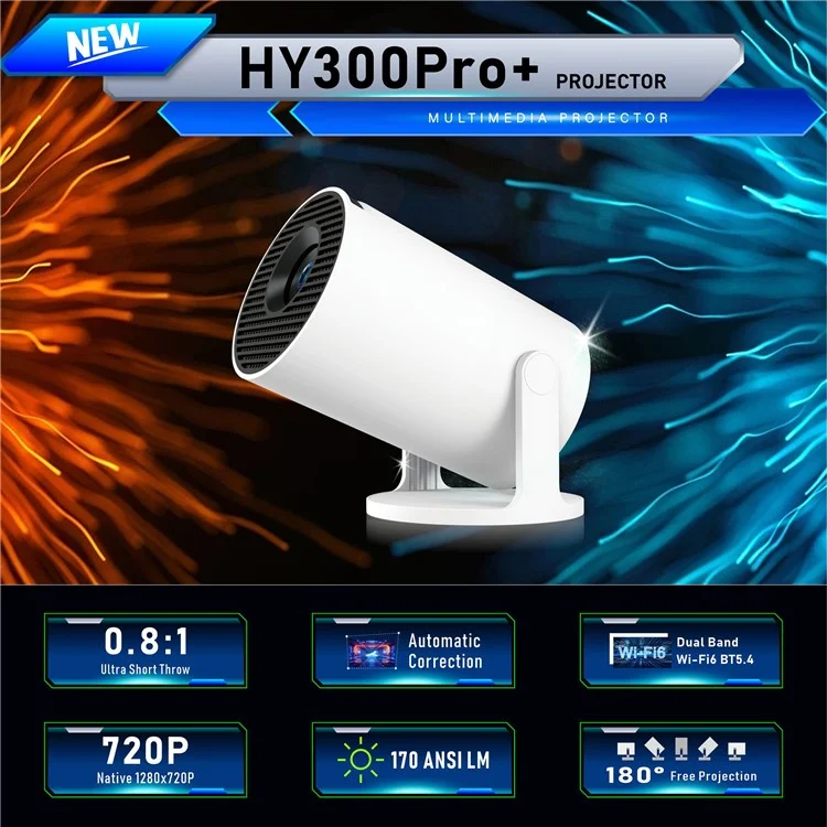HY300 Pro+ Projetor Mini Android 11.0 com Wi-Fi 6 e Bluetooth, HD 720P, 170 Lúmens ANSI, Projetor para Home Theater - Plugue dos EUA