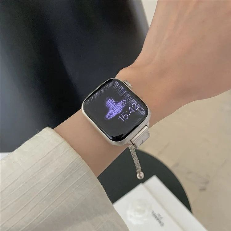 Armband für Apple Watch Series 10 9 8 7 SE 6 5 4 3 2 1 42mm 41mm 40mm 38mm Emaille Saturn Armband Metallarmband - Sternenlichtweiß