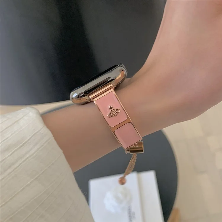 Watch Band For Apple Watch Series 10 9 8 7 SE 6 5 4 3 2 1 42mm 41mm 40mm 38mm Enamel Saturn Bracelet Metal Strap - Rose Gold + Pink