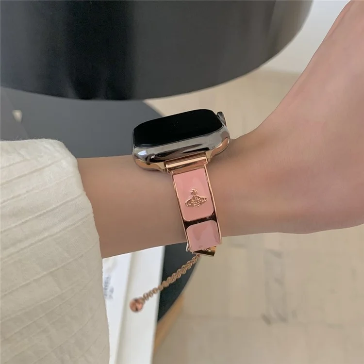 Watch Band For Apple Watch Series 10 9 8 7 SE 6 5 4 3 2 1 42mm 41mm 40mm 38mm Enamel Saturn Bracelet Metal Strap - Rose Gold + Pink