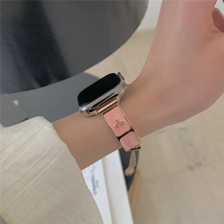 Watch Band For Apple Watch Series 10 9 8 7 SE 6 5 4 3 2 1 42mm 41mm 40mm 38mm Enamel Saturn Bracelet Metal Strap - Rose Gold + Pink