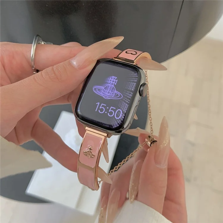 Watch Band For Apple Watch Series 10 9 8 7 SE 6 5 4 3 2 1 42mm 41mm 40mm 38mm Enamel Saturn Bracelet Metal Strap - Rose Gold + Pink