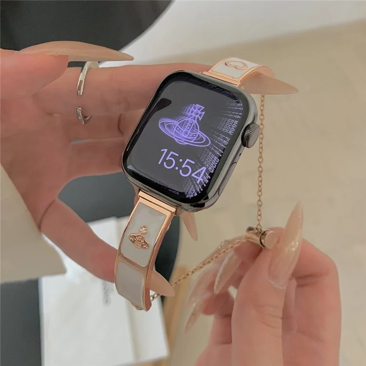 Armband für Apple Watch Series 10 9 8 7 SE 6 5 4 3 2 1 42mm 41mm 40mm 38mm Emaille Saturn Armband Metallarmband - Roségold + Weiß