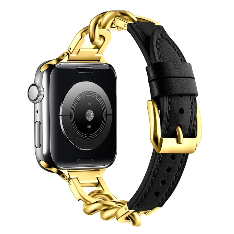 Watch Band For Apple Watch Series 10 Ultra 9 8 7 SE 6 5 4 3 2 1 46mm 49mm 45mm 44mm 42mm Genuine Cow Leather Strap - Black + Gold