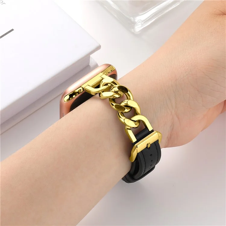 Watch Band For Apple Watch Series 10 Ultra 9 8 7 SE 6 5 4 3 2 1 46mm 49mm 45mm 44mm 42mm Genuine Cow Leather Strap - Black + Gold