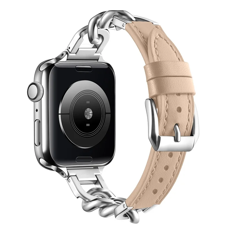 Bracelet de montre en cuir de vache véritable pour Apple Watch Series 10 Ultra 9 8 7 SE 6 5 4 3 2 1 46mm 49mm 45mm 44mm 42mm - Abricot + Argent