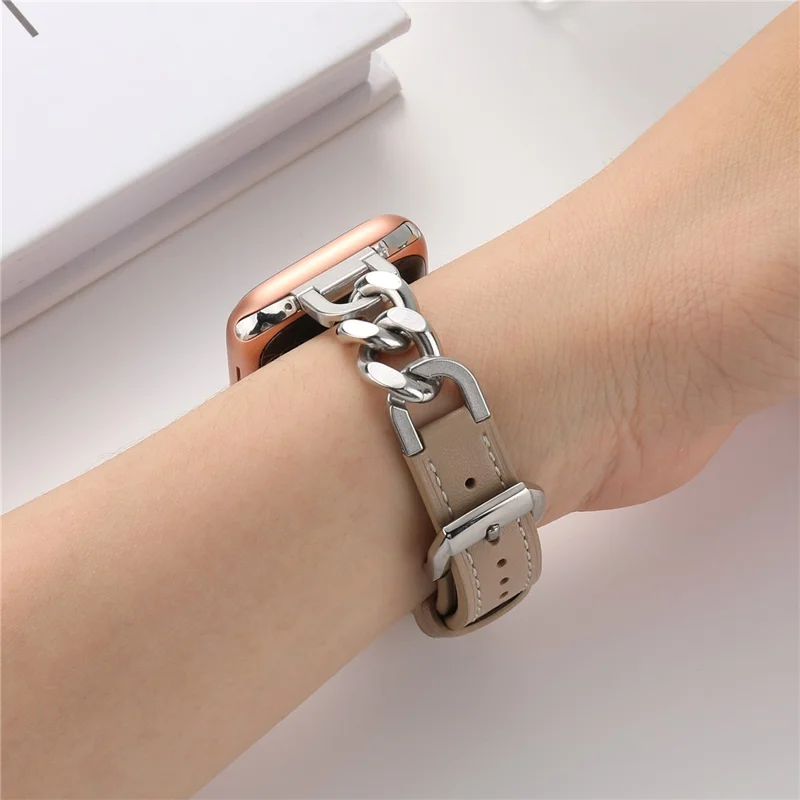 Bracelet de montre en cuir de vache véritable pour Apple Watch Series 10 Ultra 9 8 7 SE 6 5 4 3 2 1 46mm 49mm 45mm 44mm 42mm - Abricot + Argent