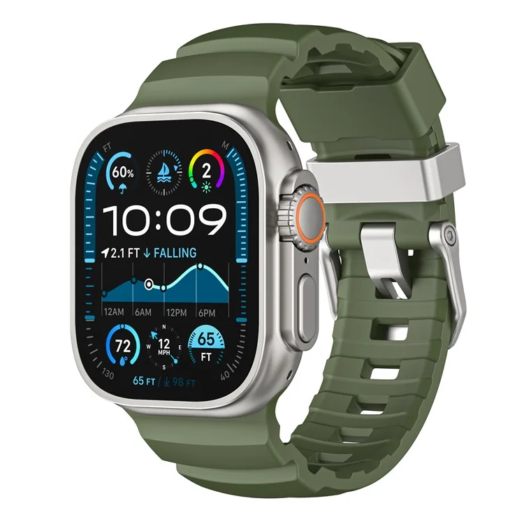 Fluorubber Band For Apple Watch Series 10 Ultra 9 8 7 SE 6 5 4 3 2 1 46mm 49mm 45mm 44mm 42mm Watch Straps - Green  /   Silver Buckle