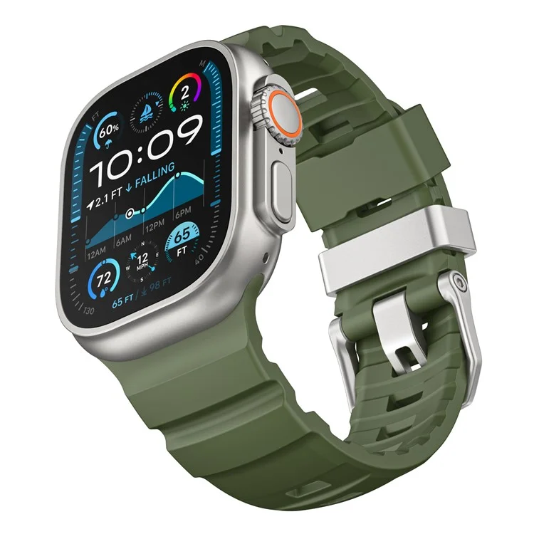 Fluorubber Band For Apple Watch Series 10 Ultra 9 8 7 SE 6 5 4 3 2 1 46mm 49mm 45mm 44mm 42mm Watch Straps - Green  /   Silver Buckle
