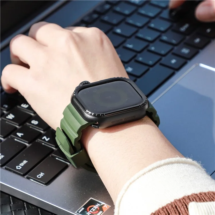 Fluorubber Band For Apple Watch Series 10 Ultra 9 8 7 SE 6 5 4 3 2 1 46mm 49mm 45mm 44mm 42mm Watch Straps - Green  /   Silver Buckle