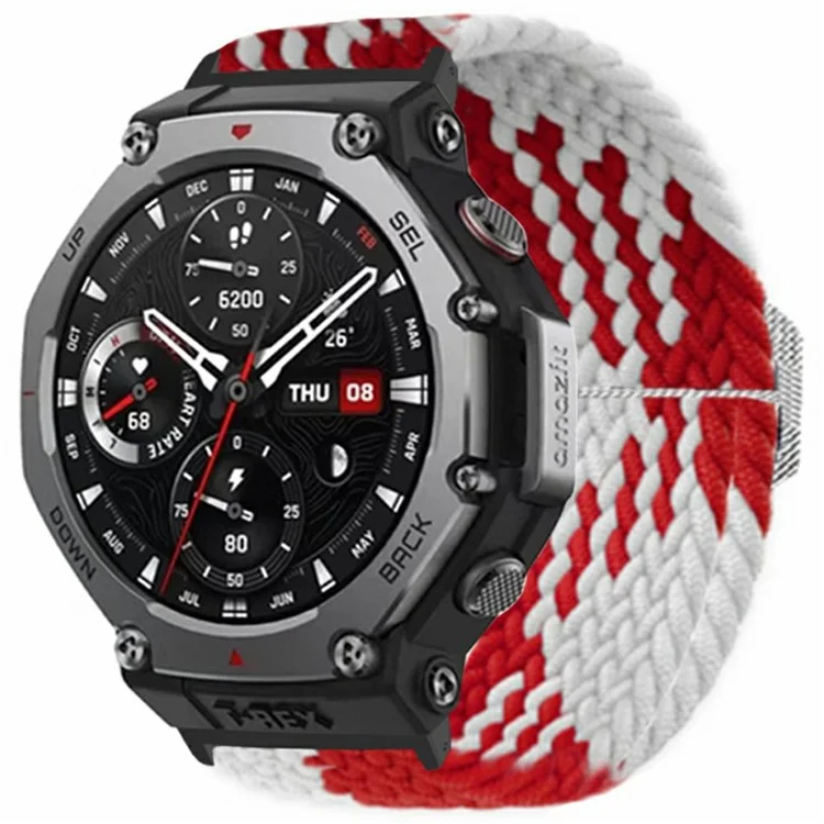 For Amazfit T-Rex 3 Bands Woven Fabric Elastic Watch Strap Replacement with PC Connector - Red / White