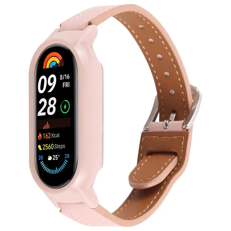 Для Xiaomi Smart Band 9 Чехол для ПК с интегрированным ультра-волоконным кожаным ремешком быстрой замены - Розовый