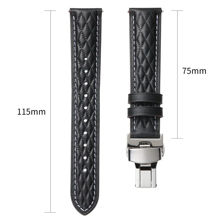 For Garmin / Huawei 18mm Universal Rhombus Grid Wrist Band Genuine Cow Leather Watch Strap - Black