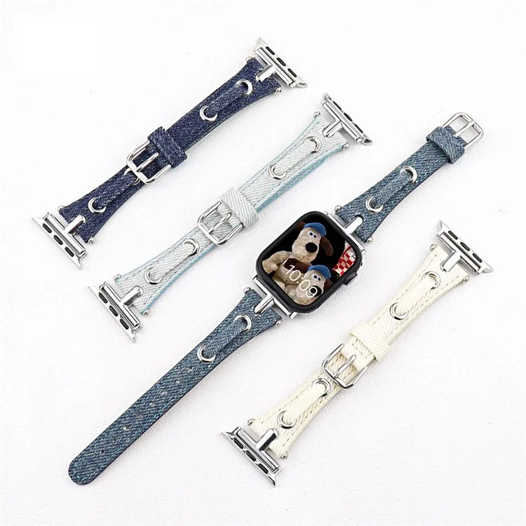 Watch Strap for Apple Watch Series 10 9 8 7 SE 6 5 4 3 2 1 42mm 41mm 40mm 38mm Denim + Leather Adjustable Band - Blue