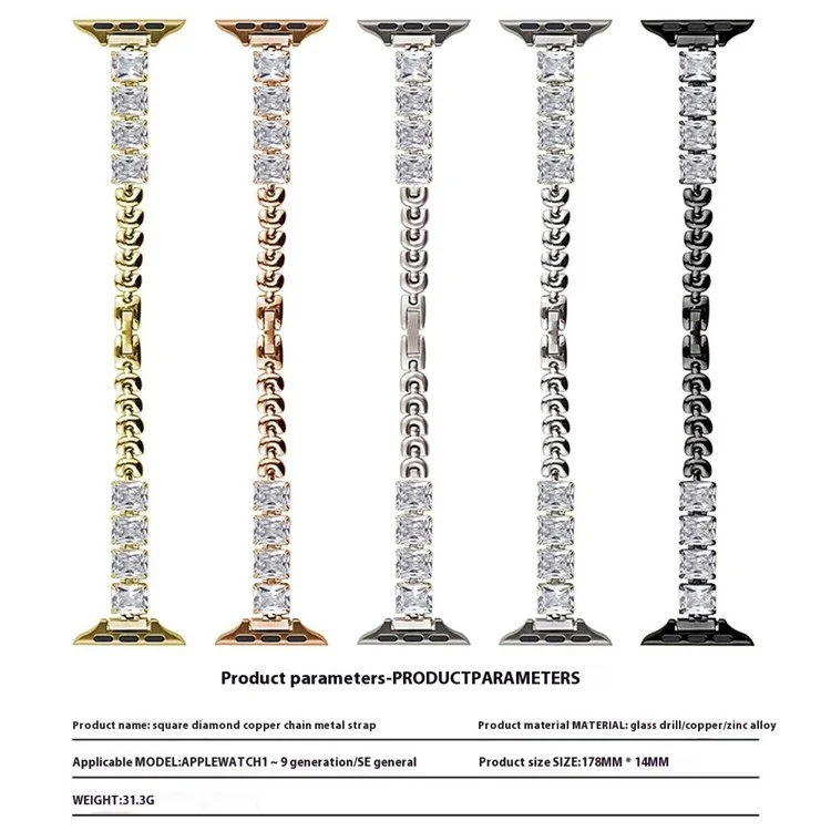 Cinturino in rame per Apple Watch Series 10 Ultra 9 8 7 SE 6 5 4 3 2 1 46mm 49mm 45mm 44mm 42mm Cinturino per orologio quadrato con strass - Argento