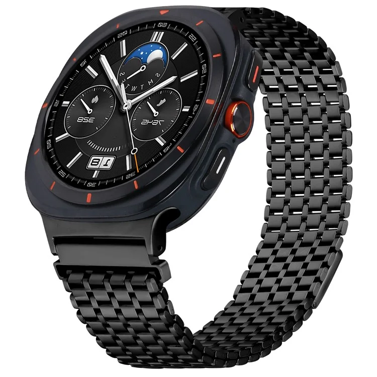 For Samsung Galaxy Watch Ultra 47mm Watch Band Stainless Steel Magnetic Nine-Bead Loop Adjustable Strap - Black