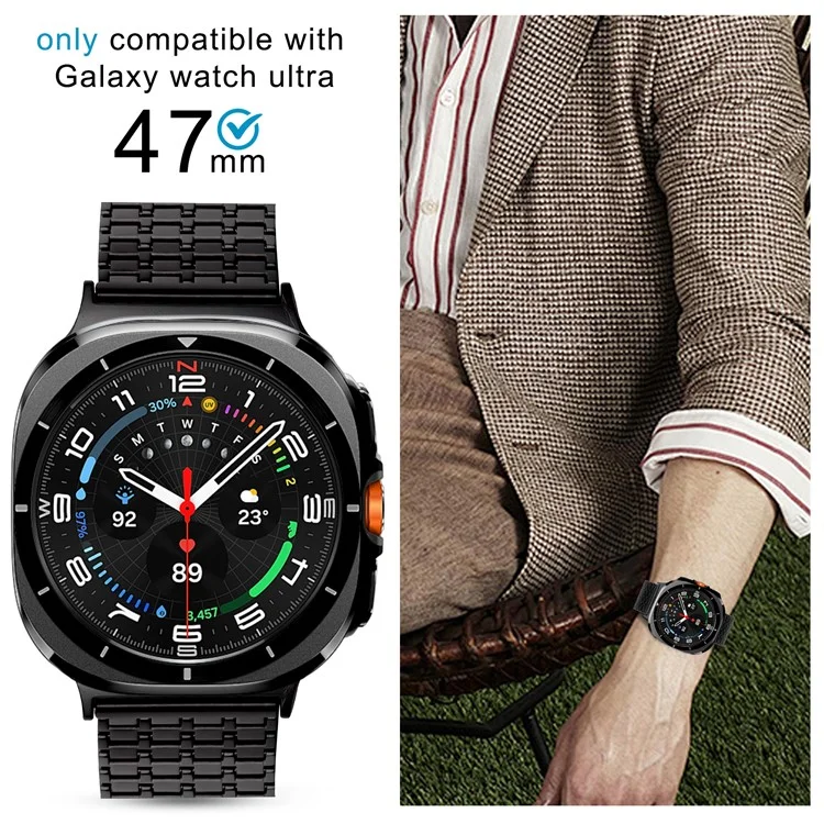 For Samsung Galaxy Watch Ultra 47mm Watch Band Stainless Steel Magnetic Nine-Bead Loop Adjustable Strap - Black
