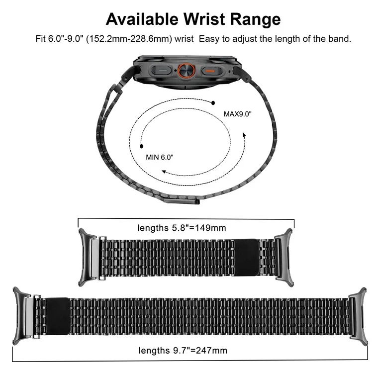 For Samsung Galaxy Watch Ultra 47mm Watch Band Stainless Steel Magnetic Nine-Bead Loop Adjustable Strap - Black