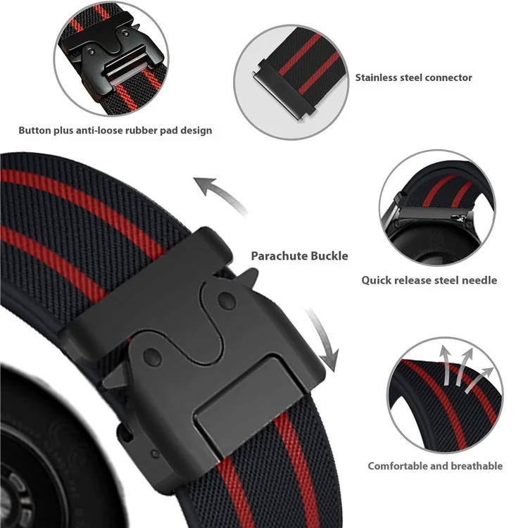 Per Huawei Watch GT 5 46mm Cinturino 22mm Design a Righe con Fibbia Paracadute in Nylon - Nero / Rosso