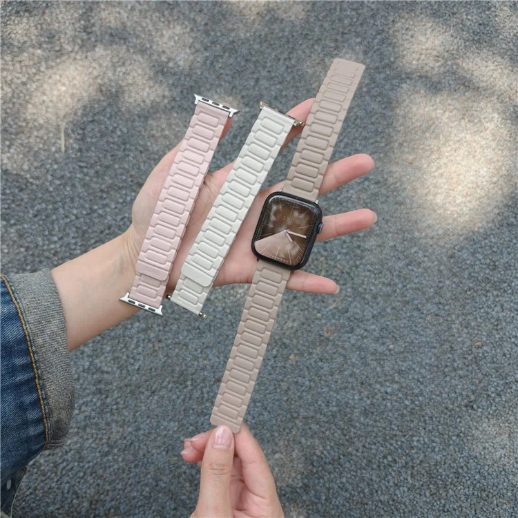 Watch Band For Apple Watch Series 10 9 8 7 SE 6 5 4 3 2 1 42mm 41mm 40mm 38mm 3-Bead Magnetic Leather Strap - Khaki
