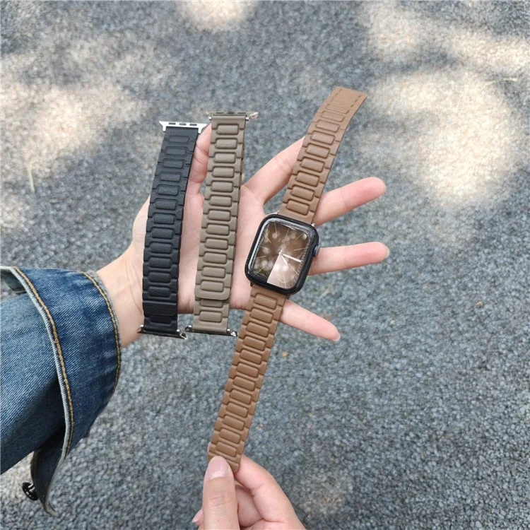 Watch Band For Apple Watch Series 10 9 8 7 SE 6 5 4 3 2 1 42mm 41mm 40mm 38mm 3-Bead Magnetic Leather Strap - Khaki