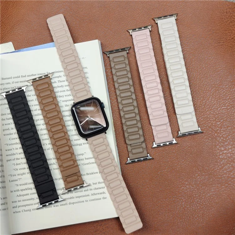 Watch Band For Apple Watch Series 10 9 8 7 SE 6 5 4 3 2 1 42mm 41mm 40mm 38mm 3-Bead Magnetic Leather Strap - Khaki