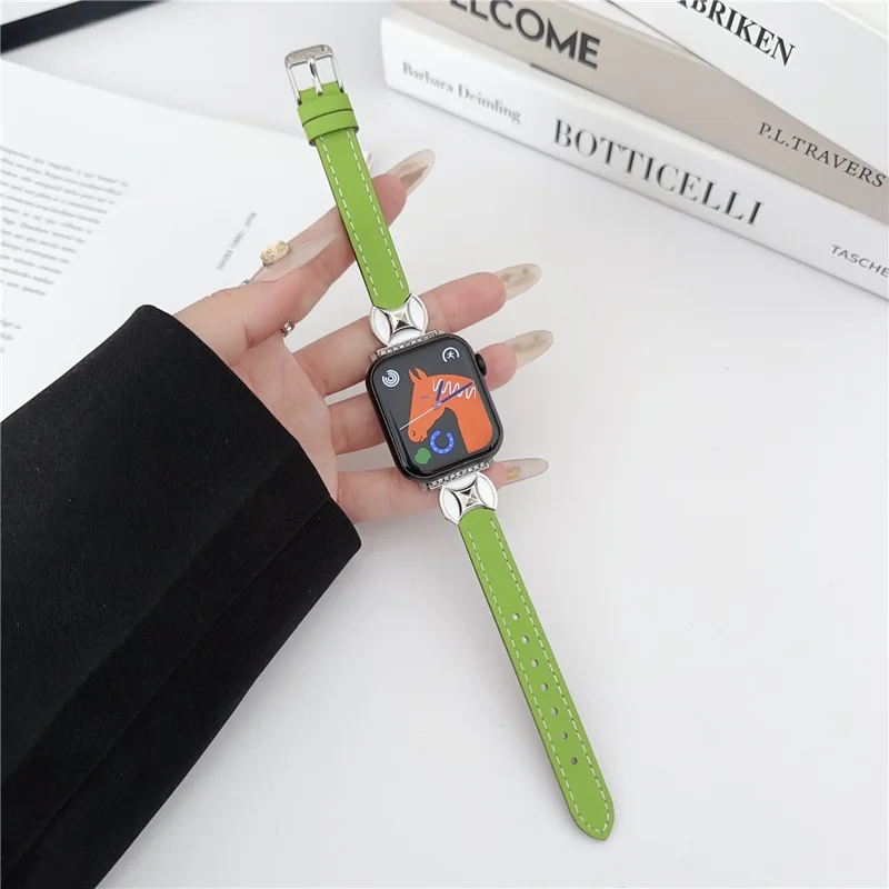 Watch Band For Apple Watch Ultra 3 2 1 49mm / Series 11 10 46mm / 9 8 7 45mm / SE3 SE2 SE 6 5 4 44mm / 3 2 1 42mm Coin Shape Connector Genuine Cow Leather Strap - Green