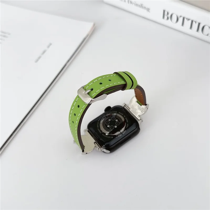 Watch Band For Apple Watch Ultra 3 2 1 49mm / Series 11 10 46mm / 9 8 7 45mm / SE3 SE2 SE 6 5 4 44mm / 3 2 1 42mm Coin Shape Connector Genuine Cow Leather Strap - Green