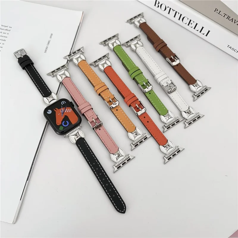 Watch Band For Apple Watch Ultra 3 2 1 49mm / Series 11 10 46mm / 9 8 7 45mm / SE3 SE2 SE 6 5 4 44mm / 3 2 1 42mm Coin Shape Connector Genuine Cow Leather Strap - Green