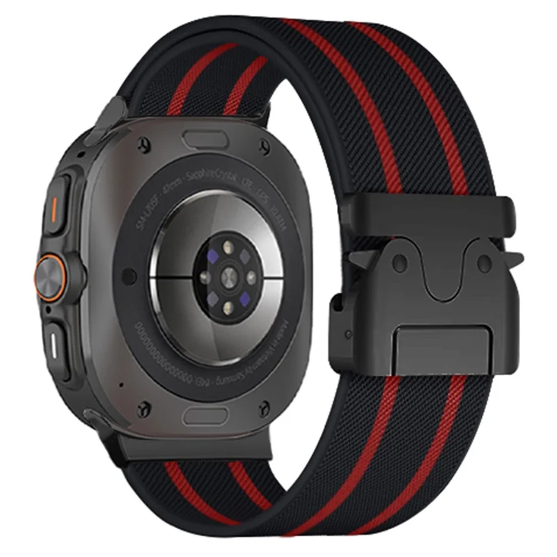 For Samsung Galaxy Watch Ultra 47mm Watch Band Stripe Design Parachute Buckle Nylon Strap - Black / Red Stripe