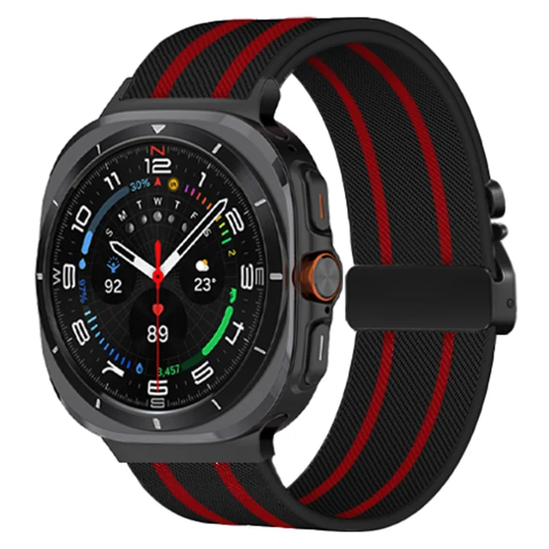 For Samsung Galaxy Watch Ultra 47mm Watch Band Stripe Design Parachute Buckle Nylon Strap - Black / Red Stripe