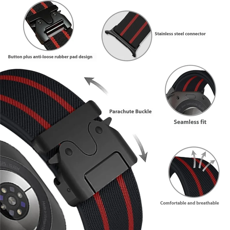 For Samsung Galaxy Watch Ultra 47mm Watch Band Stripe Design Parachute Buckle Nylon Strap - Black / Red Stripe