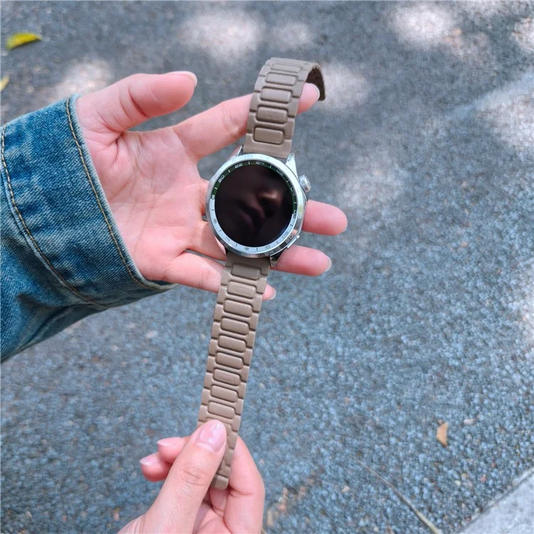 For Huawei Watch GT 5 46mm Watch Band 22mm Universal 3-Bead Magnetic Leather Strap - Tan