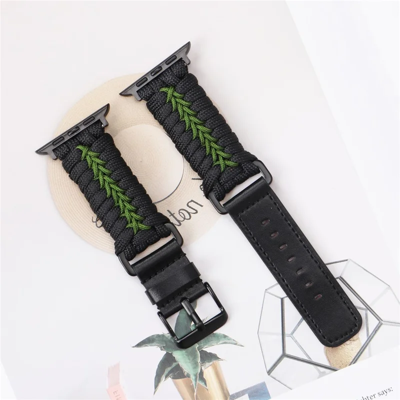 Watch Band for Apple Watch Series 10 9 8 7 SE 6 5 4 3 2 1 42mm 41mm 40mm 38mm Leather + Braided Rope Wrist Strap - Black