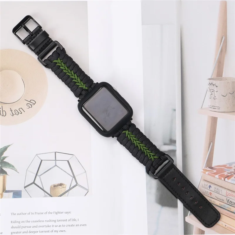 Watch Band for Apple Watch Series 10 9 8 7 SE 6 5 4 3 2 1 42mm 41mm 40mm 38mm Leather + Braided Rope Wrist Strap - Black