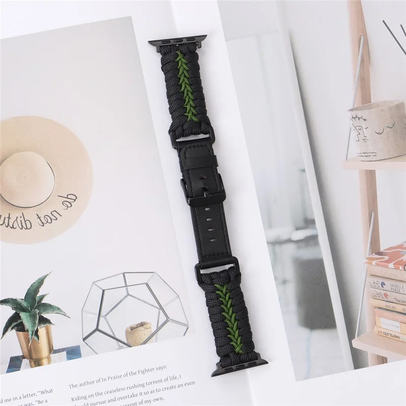 Watch Band for Apple Watch Series 10 9 8 7 SE 6 5 4 3 2 1 42mm 41mm 40mm 38mm Leather + Braided Rope Wrist Strap - Black