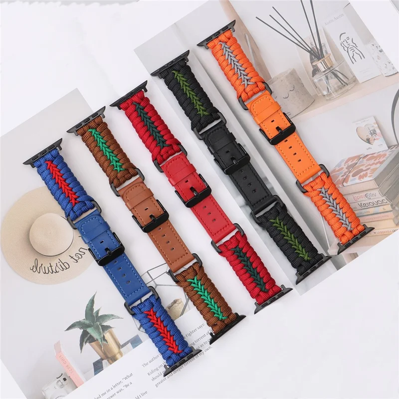 Watch Band for Apple Watch Series 10 9 8 7 SE 6 5 4 3 2 1 42mm 41mm 40mm 38mm Leather + Braided Rope Wrist Strap - Black