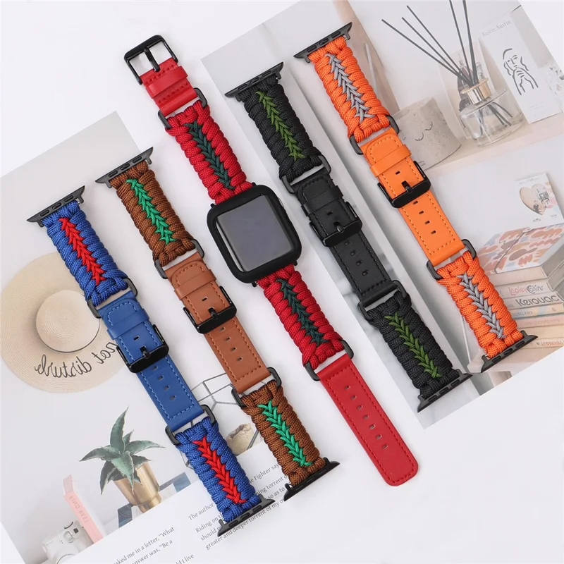 Watch Band for Apple Watch Series 10 9 8 7 SE 6 5 4 3 2 1 42mm 41mm 40mm 38mm Leather + Braided Rope Wrist Strap - Black