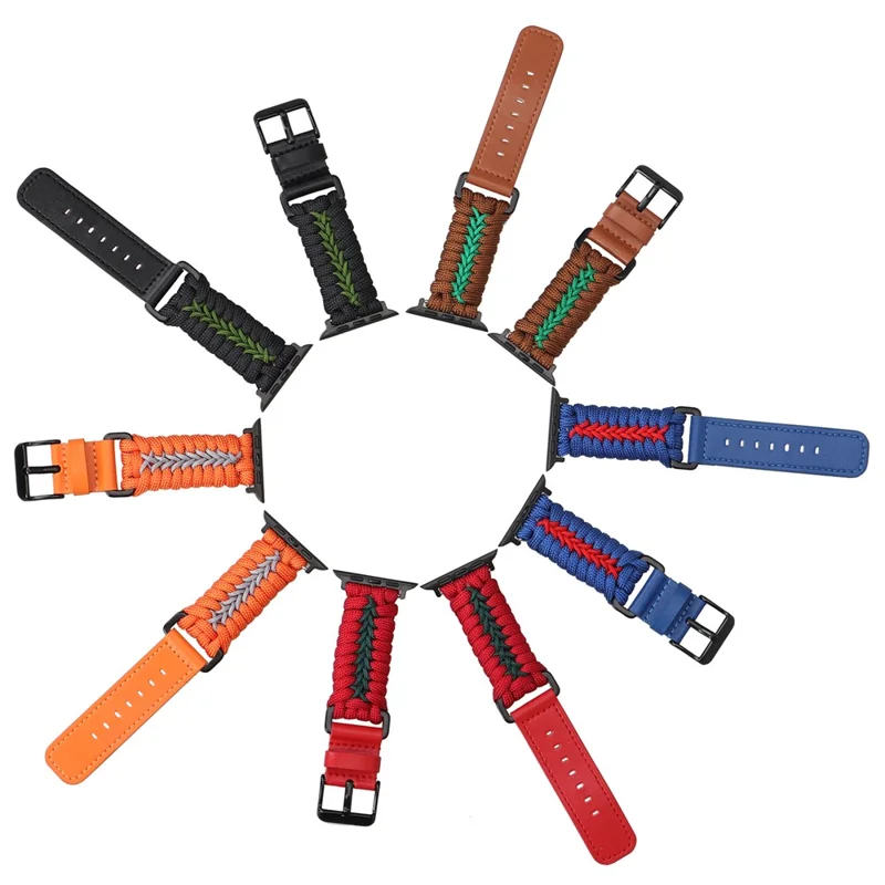 Watch Band for Apple Watch Series 10 9 8 7 SE 6 5 4 3 2 1 42mm 41mm 40mm 38mm Leather + Braided Rope Wrist Strap - Black