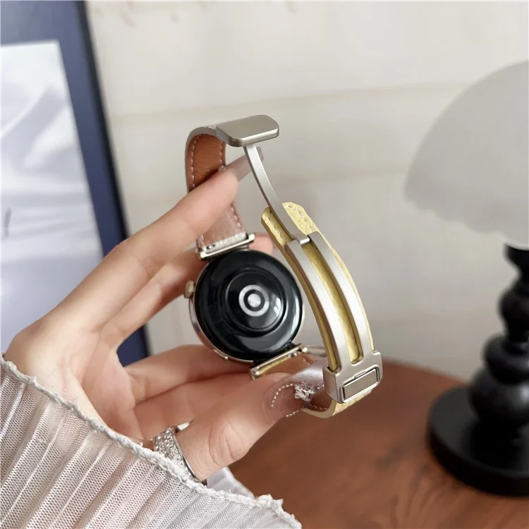 Für Huawei Watch GT 5 41mm Echtes Kuhlederbandarmband 18mm Ersatzarmband mit magnetischem Verschluss - Grau+Gelb