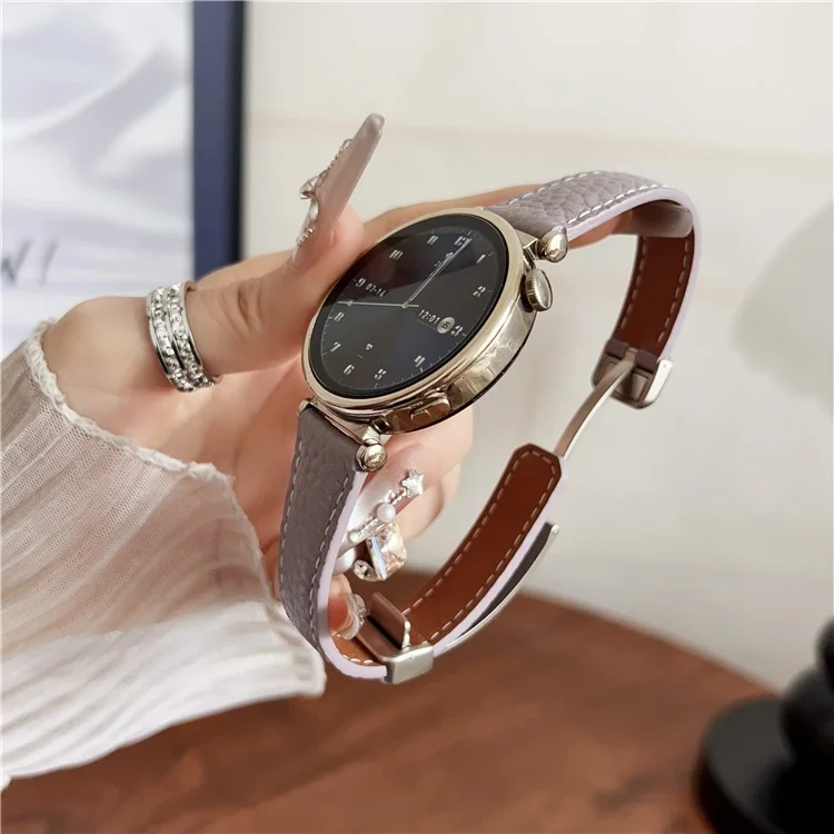 For Huawei Watch GT 5 41mm Genuine Cow Leather Watch Band 18mm Replace Strap with Magnetic Clasp - Misty Purple