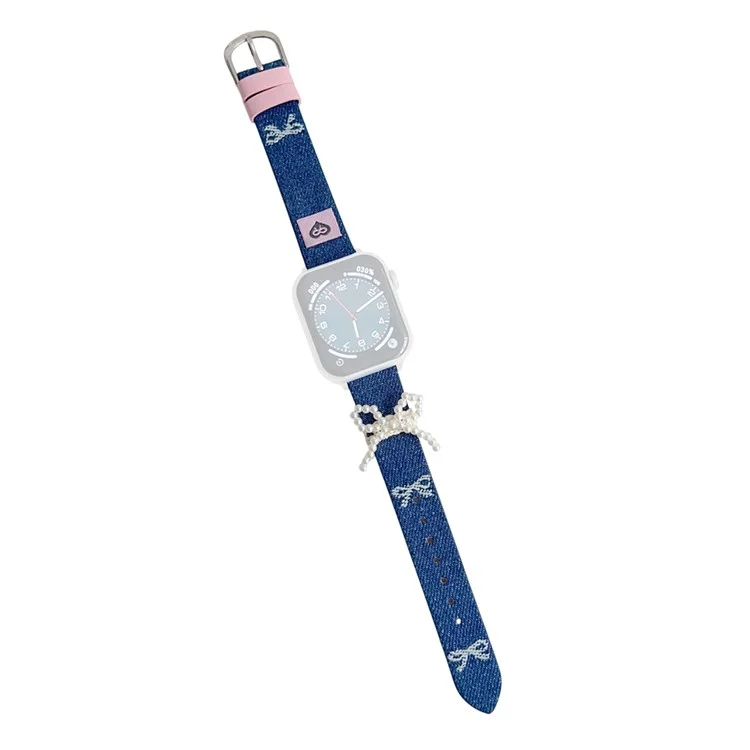 Pulseira de Pulso para Apple Watch Series 10 Ultra 9 8 7 SE 6 5 4 3 2 1 46mm 49mm 45mm 44mm 42mm Laço de Pérola em Couro Jeans - Laço