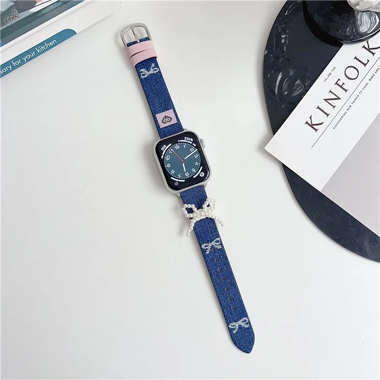 Pulseira de Pulso para Apple Watch Series 10 Ultra 9 8 7 SE 6 5 4 3 2 1 46mm 49mm 45mm 44mm 42mm Laço de Pérola em Couro Jeans - Laço