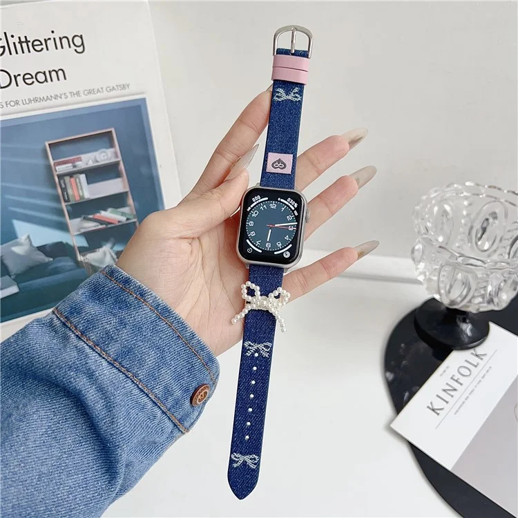 Pulseira de Pulso para Apple Watch Series 10 Ultra 9 8 7 SE 6 5 4 3 2 1 46mm 49mm 45mm 44mm 42mm Laço de Pérola em Couro Jeans - Laço
