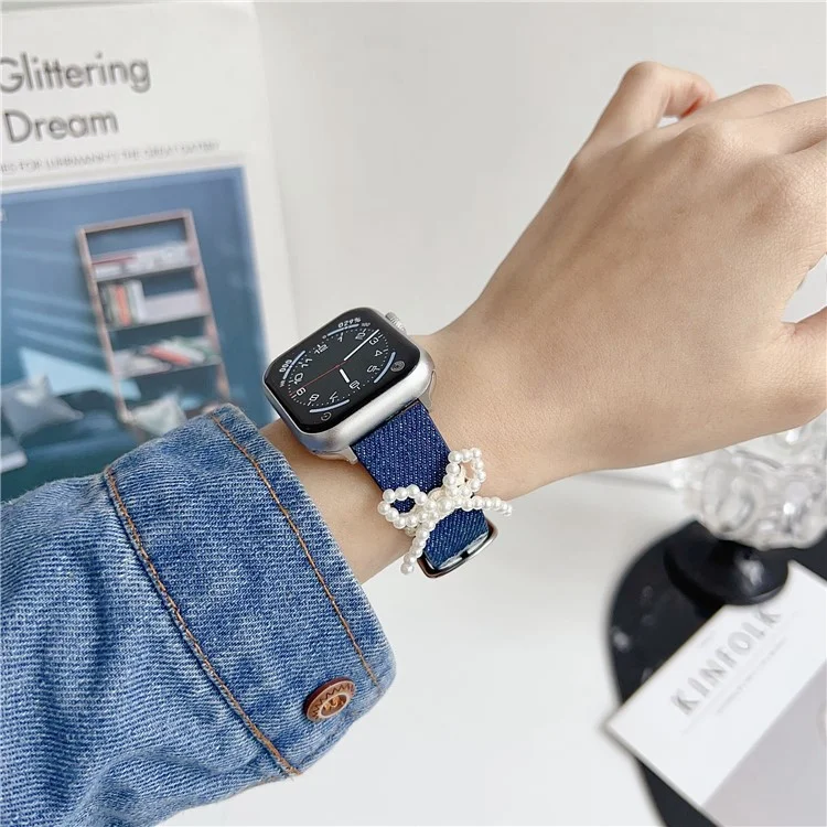 Pulseira de Pulso para Apple Watch Series 10 Ultra 9 8 7 SE 6 5 4 3 2 1 46mm 49mm 45mm 44mm 42mm Laço de Pérola em Couro Jeans - Laço
