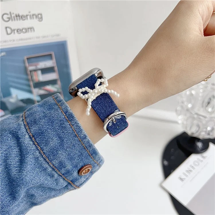 Pulseira de Pulso para Apple Watch Series 10 Ultra 9 8 7 SE 6 5 4 3 2 1 46mm 49mm 45mm 44mm 42mm Laço de Pérola em Couro Jeans - Laço