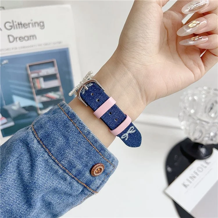 Pulseira de Pulso para Apple Watch Series 10 Ultra 9 8 7 SE 6 5 4 3 2 1 46mm 49mm 45mm 44mm 42mm Laço de Pérola em Couro Jeans - Laço