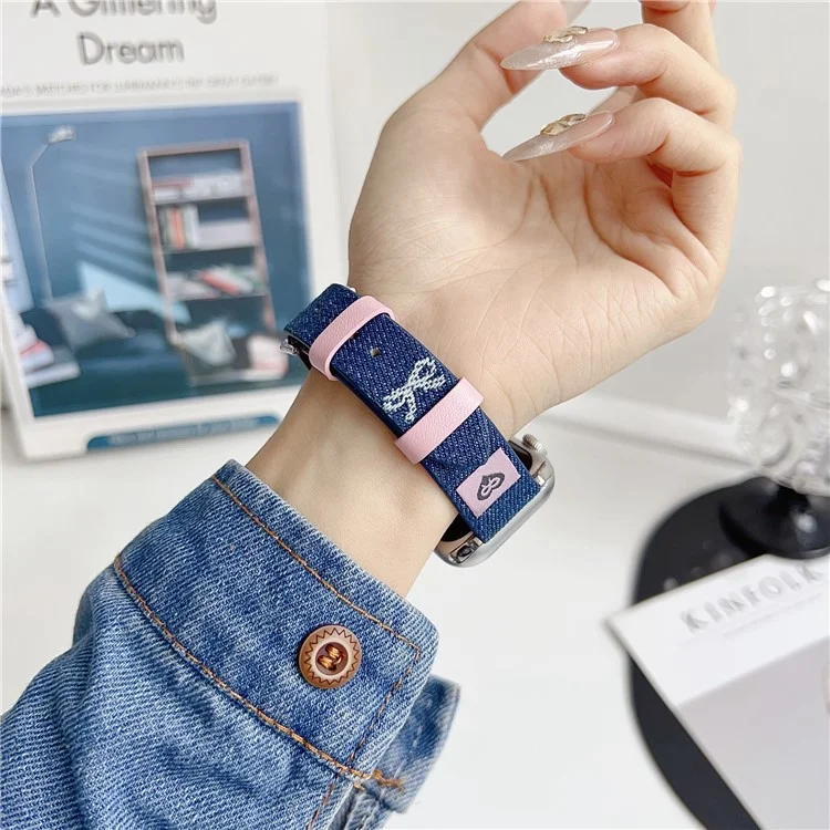 Pulseira de Pulso para Apple Watch Series 10 Ultra 9 8 7 SE 6 5 4 3 2 1 46mm 49mm 45mm 44mm 42mm Laço de Pérola em Couro Jeans - Laço