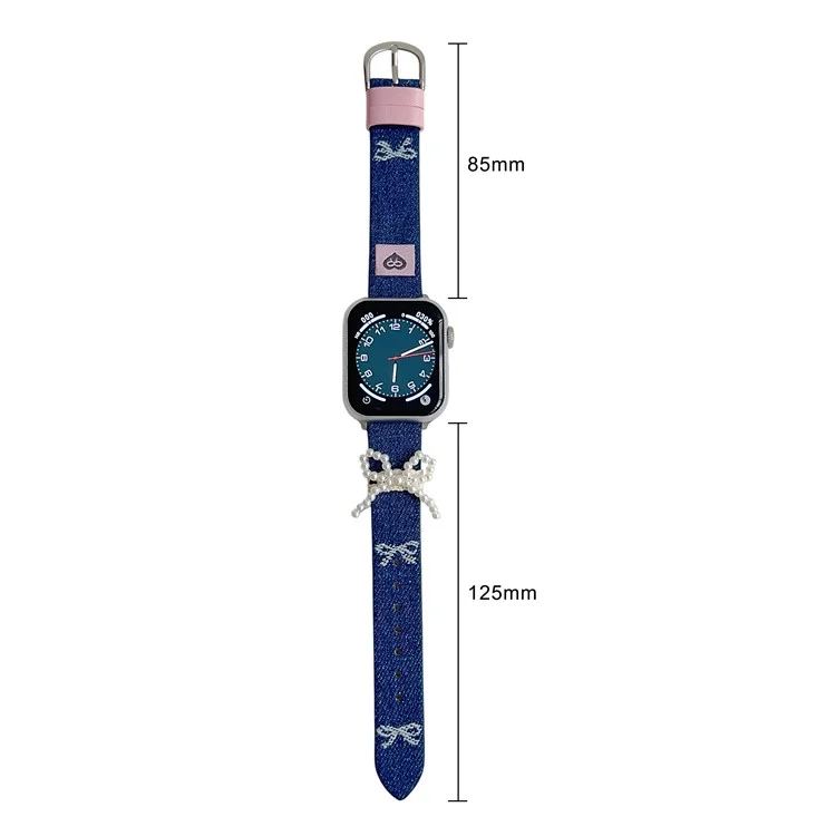 Pulseira de Pulso para Apple Watch Series 10 Ultra 9 8 7 SE 6 5 4 3 2 1 46mm 49mm 45mm 44mm 42mm Laço de Pérola em Couro Jeans - Laço